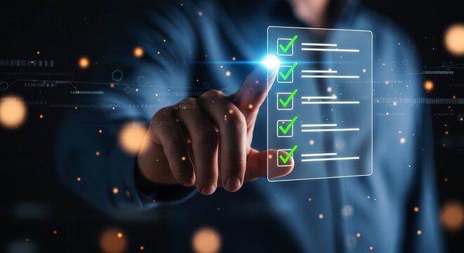 Hand selecting digital checklist with green checkmarks on transparent interface, futuristic technology background
