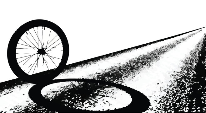 A bicycle wheel casts a long shadow on a textured path, symbolizing journey and motion.