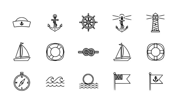 Sailor thin line icons set editable stroke nautical and marine symbols collection minimal design isolated on white background