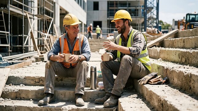 Two construction workers taking a coffee break on outdoor concrete steps, construction workers, coffee break, industrial site