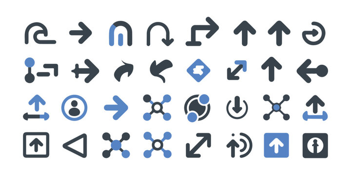 Diverse arrow icons and abstract symbols directional navigation progress connection and science molecular structure elements.