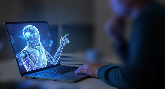 Futuristic human brain and hand interaction with digital interface on laptop screen, blue glowing neural network
