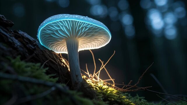 Giant amanita muscaria rise over monastery concept. Glowing blue mushroom illuminated in dark forest with moss and natural light