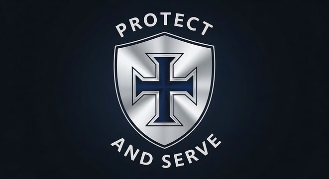 Clean layout, cross inside shield, text &ldquo;Protect and Serve&rdquo;