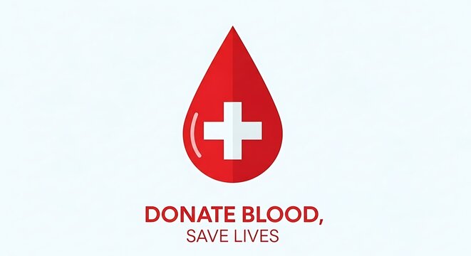 Flat illustration of blood drop with cross, text &ldquo;Donate Blood, Save Lives&rdquo;