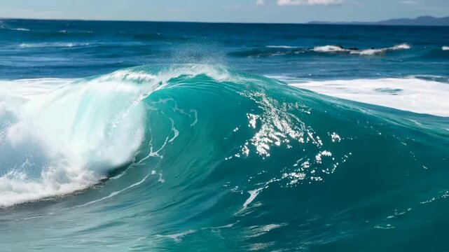 Turquoise ocean wave crashing in the bright blue sea on a sunny day