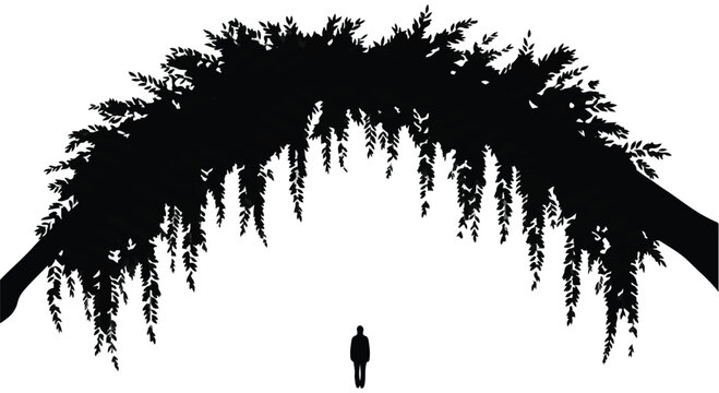 Lone figure stands beneath a dramatic, arching silhouette of dense foliage