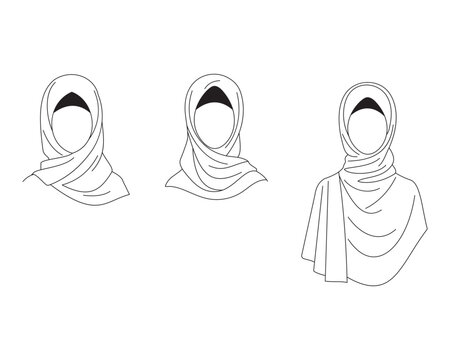 Minimalist hijab line art collection, set of 3 Muslim woman headscarf vector icons, elegant modest fashion veil illustrations for beauty branding