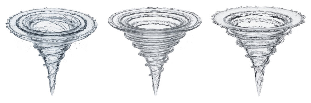 Abstract Transparent Water Vortex Whirlpool Graphic, Dynamic Liquid Motion Illustration for Science and Environment Design, Water Cyclone Design Element on White.