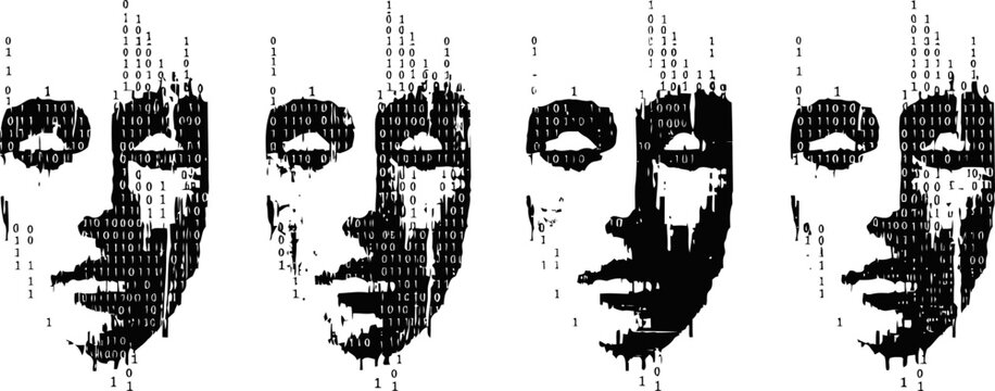 digital glitch face effect with vertical distortion and fragmented pixel noise in abstract
