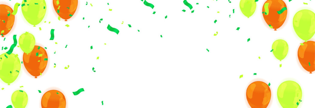 Festive celebration background featuring a vibrant arrangement of glossy orange and lime green balloons floating and extensive central copy space, perfect for birthday party banners