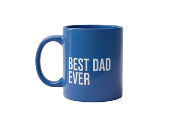 Blue ceramic coffee mug with the text best dad ever printed on it isolated on transparent background
