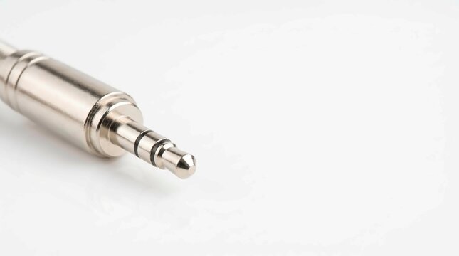 Close-up of a metallic 3.5mm TRS audio jack connector on a white background