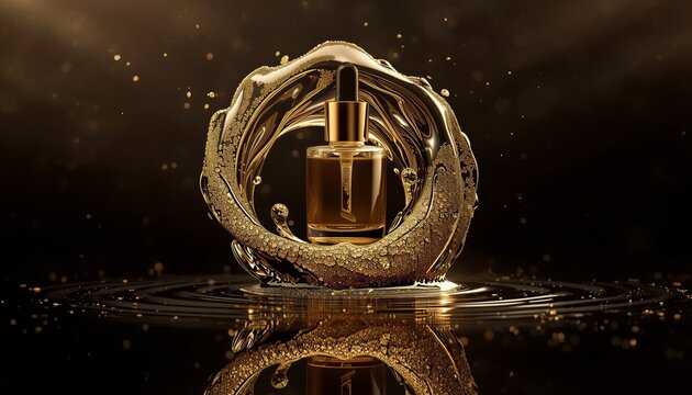 Luxury serum bottle with liquid 24k gold vortex and diamond dust