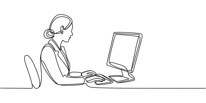 Single one line drawing back view businesswoman works on computer. Woman sitting on chair behind office desk. Business person working on monitor screen. Continuous line draw design vector illustration