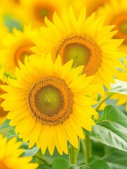 Obraz premium Vibrant sunflowers bloom brightly in warm sunlight. Green leaves surround golden petals with detailed centers. Image captures cheerful summer nature scene. Perfect for design, greeting cards