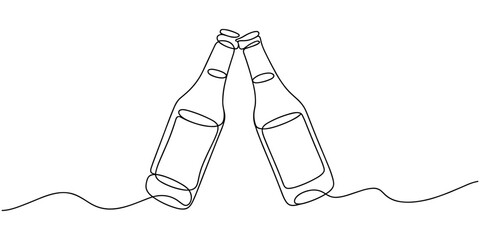Line art illustration of empty beer bottles standing upright and tilted, minimalist continuous one line drawing of alcoholic drink containers. © Sahor