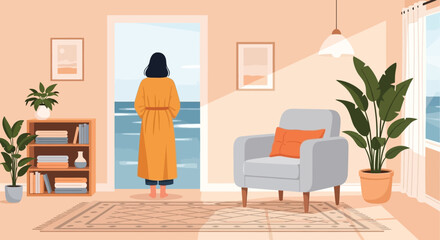 A woman in a robe stands looking out a window at a bright ocean view in a cozy room © Shakil