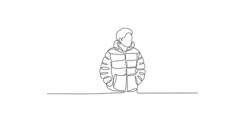 Continuous line drawing of a person wearing a puffer jacket sitting on the ground in a minimalist style © SR