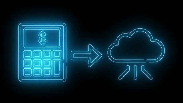 Neon blue illustration of a calculator with a dollar sign and a cloud with rain pouring down connected by an arrow on a black background.