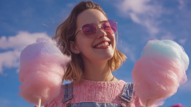 Smiling woman holding cotton candy against blue sky