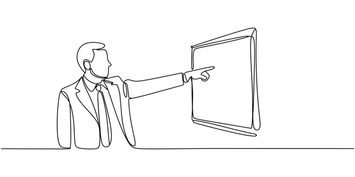 Continuous single line sketch drawing of standing businessman doing presentation pointing on board screen projector with stick explain something. One line art vector illustration
