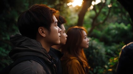 Fototapeta premium A group of young people sharing a moment of quiet contemplation amidst the vibrant foliage of a sunny forest