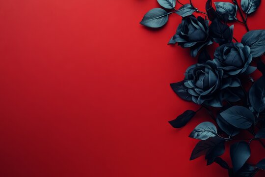 Black roses creating elegant dark contrast on red background