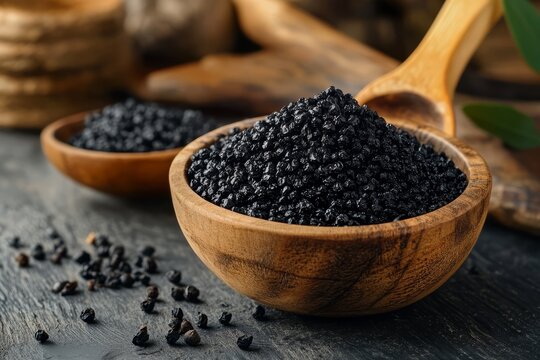 Dried elderberries filling wood bowl, healthy antioxidant food