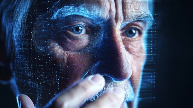 Exploring the intricate interplay of technology and human features, this video captures a close-up of an elderly man interacting with digital elements projecting onto his face. 