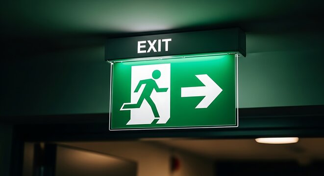 Emergency exit sign indicating direction for safety and evacuation.