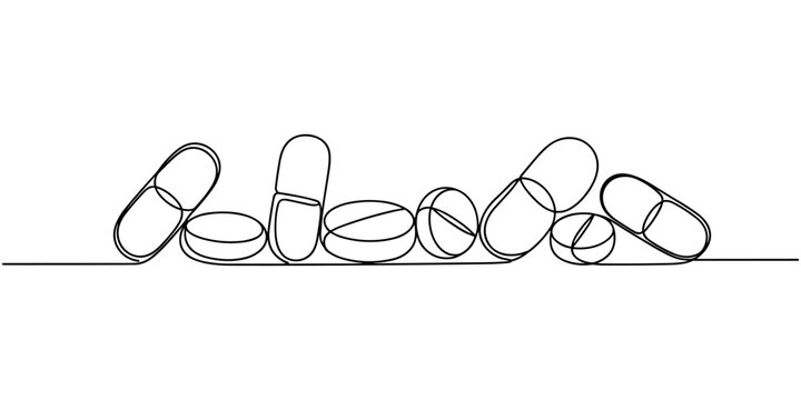 Continuous one line drawing of tablets and capsules pharmaceutical drugs, medical supplies, Single line drawing medicine pill icon. one line Icon drawing with white background