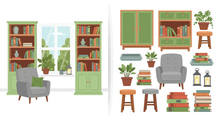 A cozy interior design showcases bookshelves comfortable seating and potted plants in a bright room © Shakil