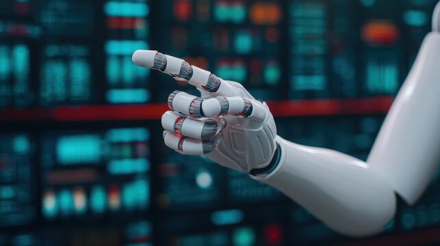 A robotic hand with articulated fingers points forward against a blurred background of digital data screens.