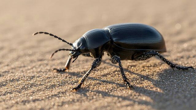 Black Darkling Beetle on Sand Texture