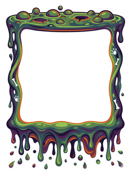 Dripping toxic slime frame oozing in swampy green and violet hues surrounds an empty center amid grotesque bubbles bones and eerie horror energy in a vivid monstrous border