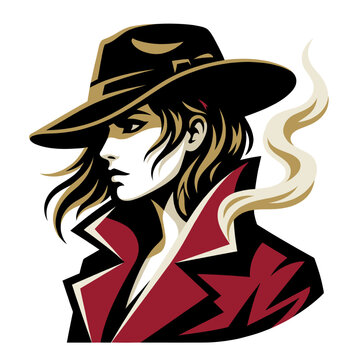 Noir fashion portrait of a mysterious woman in a wide brim hat and sharp crimson coat channels cinematic intrigue smoky elegance and shadowy confidence through bold graphic contrast