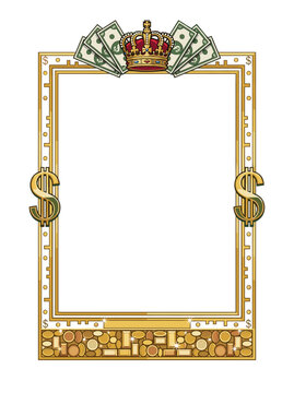 Opulent golden wealth frame crowned by regal jewels fan shaped banknotes and towering dollar emblems radiates luxury excess financial glamour and aristocratic fortune in lavish detail