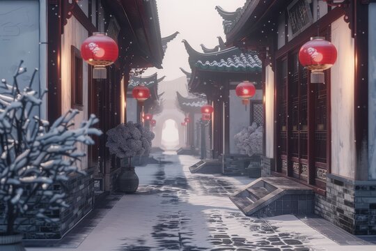 Ancient Chinese-style architecture with street lanterns, red lanterns, snow-covered ground, stone pavement, and white walls, rendered in 3D with Unreal Engine.