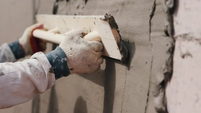 Worker smoothing plaster on wall with float tool close up