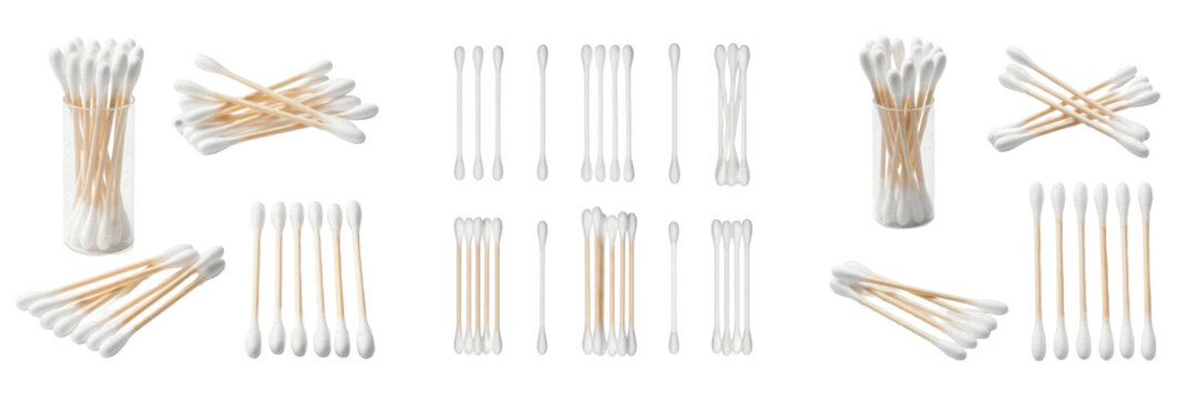 Collection of White Cotton Swabs and Q-tips, Essential Personal Hygiene and Skincare Accessory, Medical and Beauty Tool Design Elements on White Background.