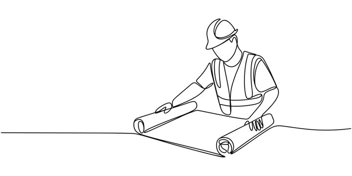 Minimalist continuous line drawing of a construction worker reading plans in a vest and hard hat vector