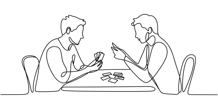 Continuous one line drawing of a couple playing card games at a table, symbolizing strategy, bonding, and fun.
