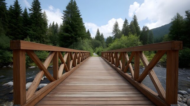 A wooden pedestrian bridge crossing a flowing river through a lush temperate forest