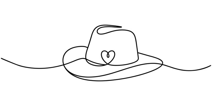 One line art cowboy hat - Minimalist continuous line drawing of western style hat vector illustration, Continuous one line drawing of men hat, Single line drawing of cowboy hat, Vector continuous one