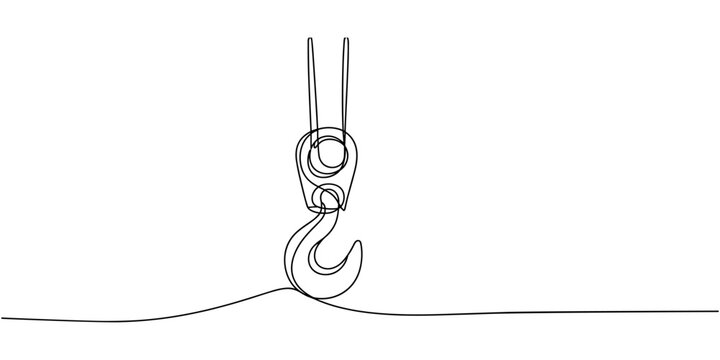 Crane icon, Continuous one line drawing hook. Stylish building crane hook vector hand drawn silhouette clipart. Sketch isolated on white background, Crane hook continuous one line drawing, 