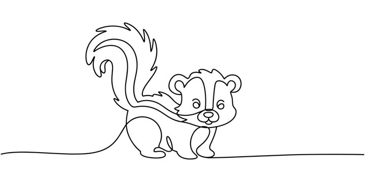 skunk animal continuous one line drawing, One continuous line drawing of cute striped skunk for logo identity. Mephitidae north and south American mammal mascot concept for national zoo icon. Modern