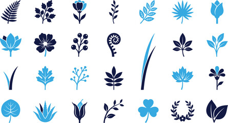 Collection of diverse botanical elements and nature inspired graphic icons set on white. © MdBabul