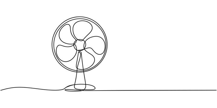 Continuous one line drawing of a fan with blades, depicting coolness and freshness, line art style vector illustration, Single continuous line drawing of a table fan, Continuous Line Drawing.