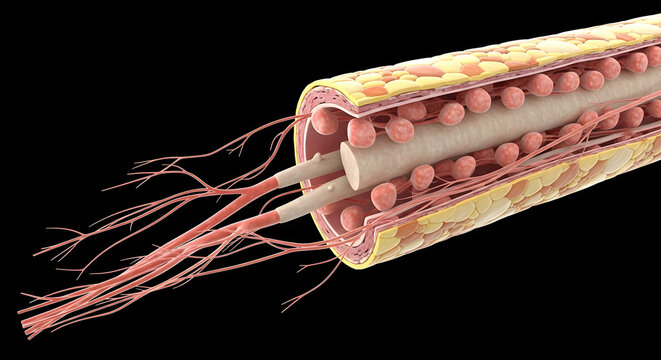 Cross-Section Illustration of Peripheral Nerve Bundle With Fascicles, Myelin Sheath and Connective Tissue

